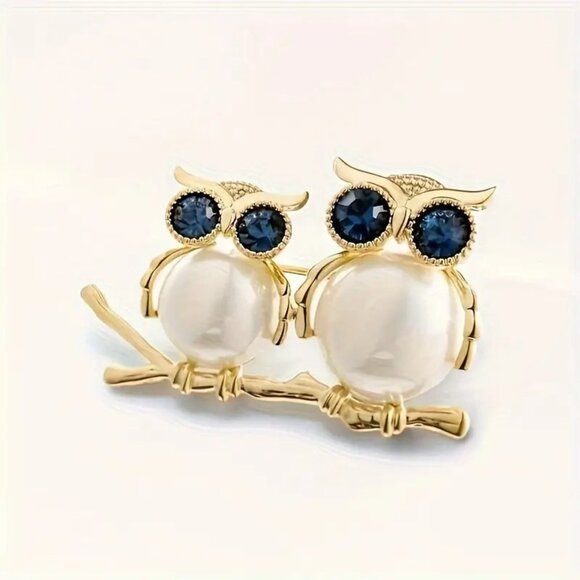 Pearl Owl Brooch Rhinestone Pin Gold Branch Bird Blue Gems Coat Lapel Big Eyes - Picture 2 of 3